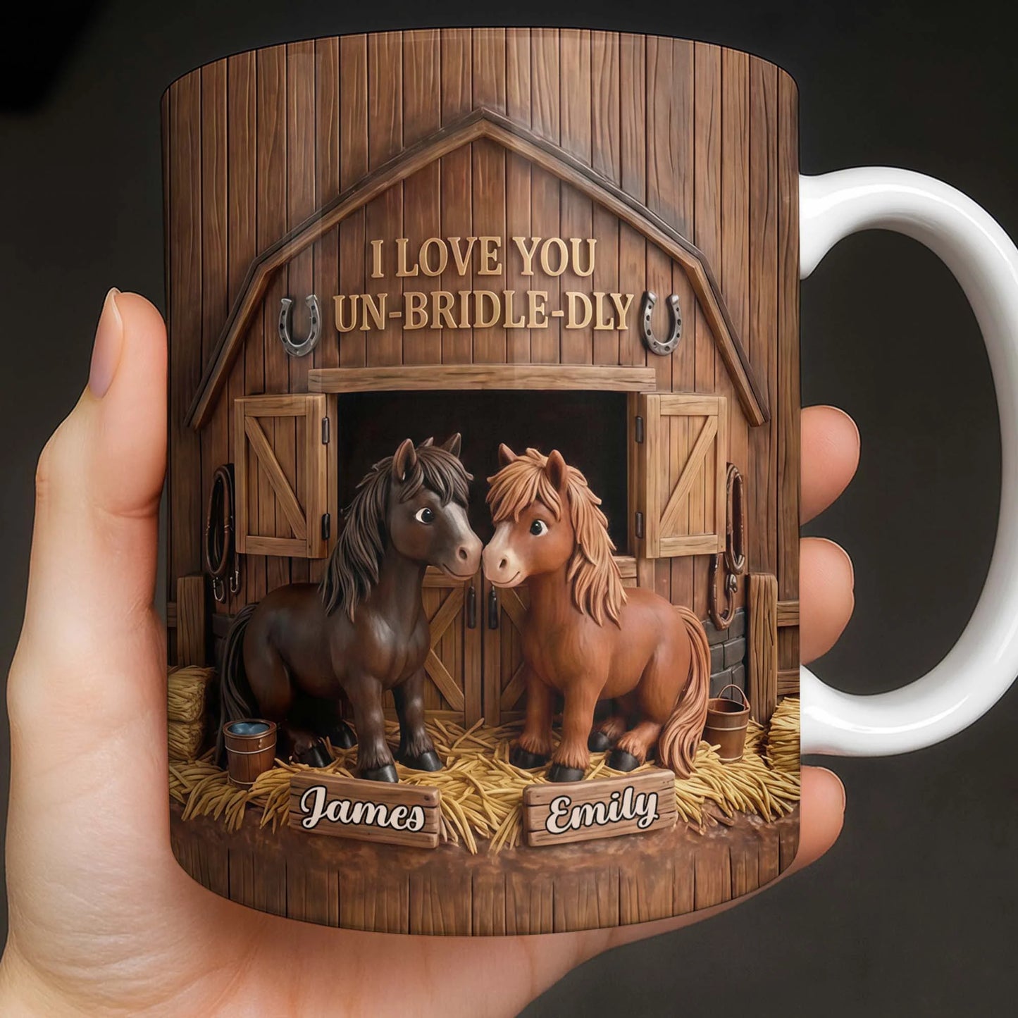 Personalized horse lovers mug with cute barn design and custom names for couples