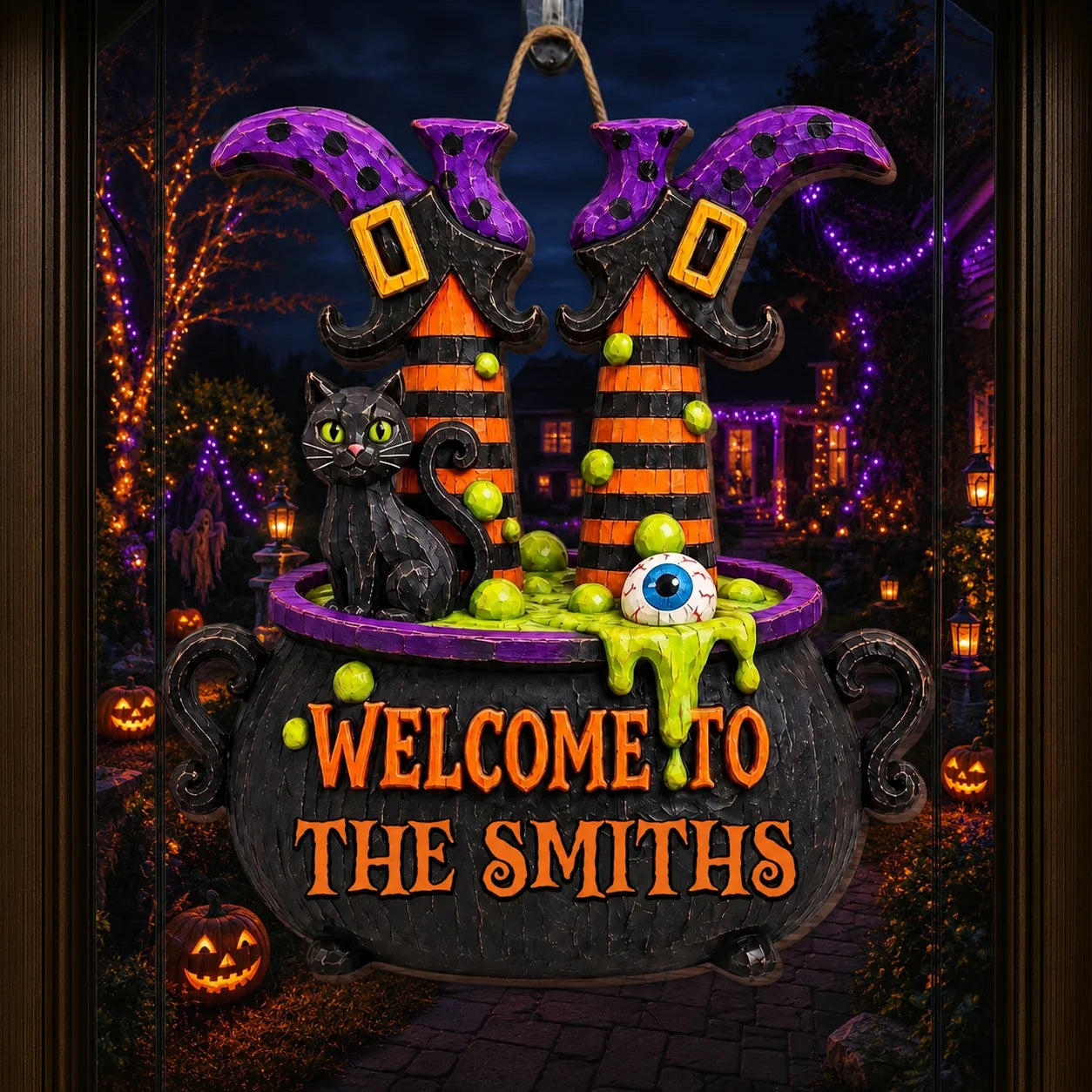 Welcome Witch Legs & Black Cat Personalized Halloween Wood Sign - Custom Family Front Door Decor