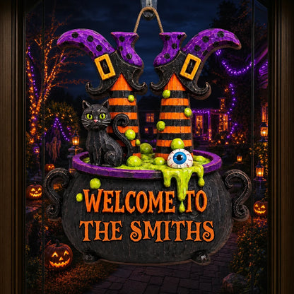 Welcome Witch Legs & Black Cat Personalized Halloween Wood Sign - Custom Family Front Door Decor