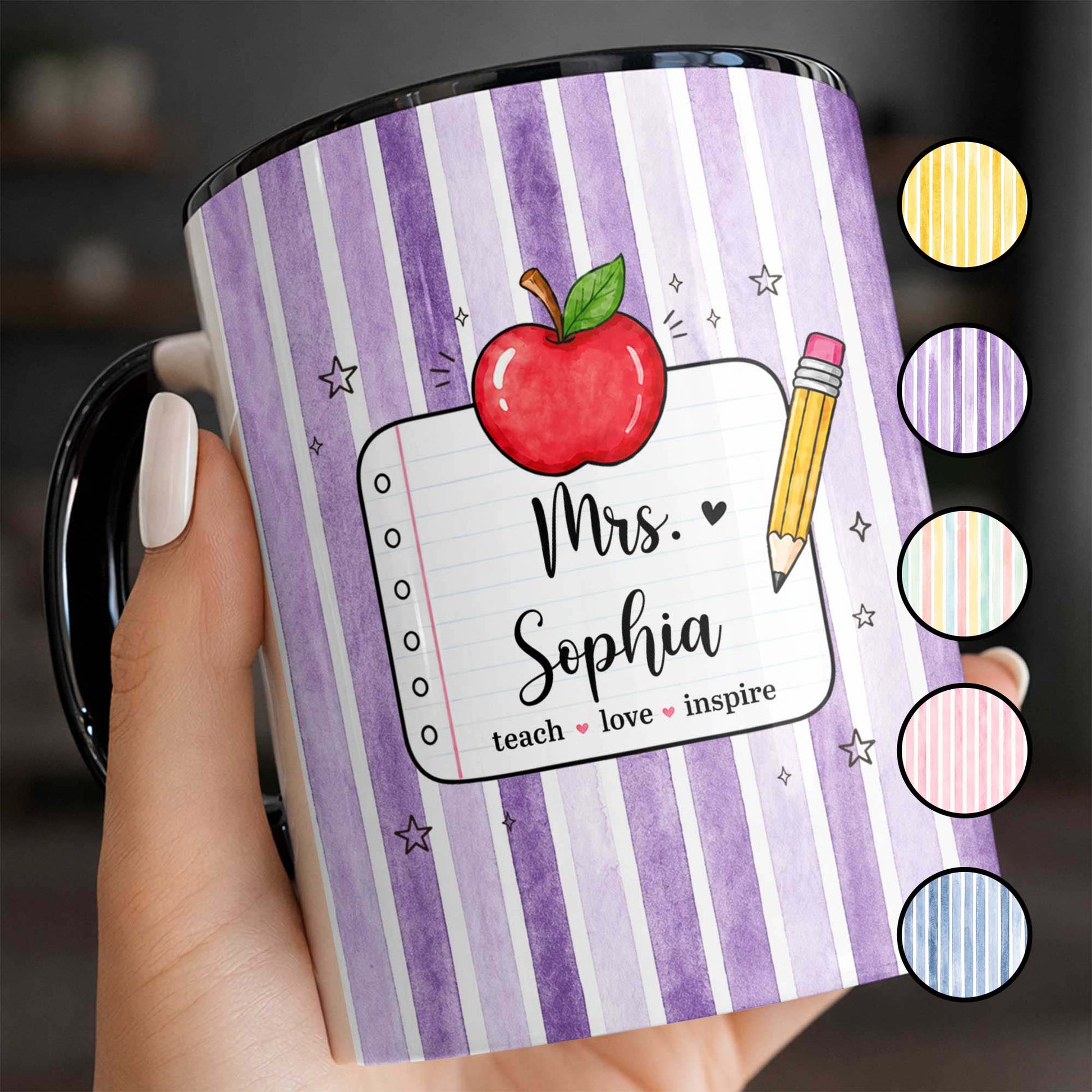 Personalized teacher appreciation gifts custom accent mug with Teach Love Inspire text, apple, and pencil design