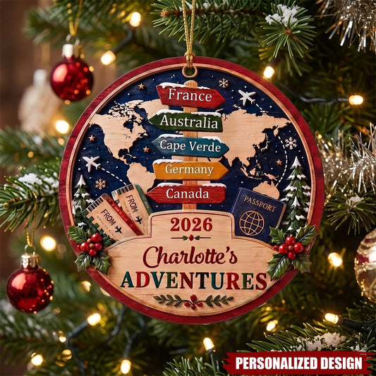 Custom Adventures Christmas Ornament - Personalized World Traveler Wooden Vacation Keepsake