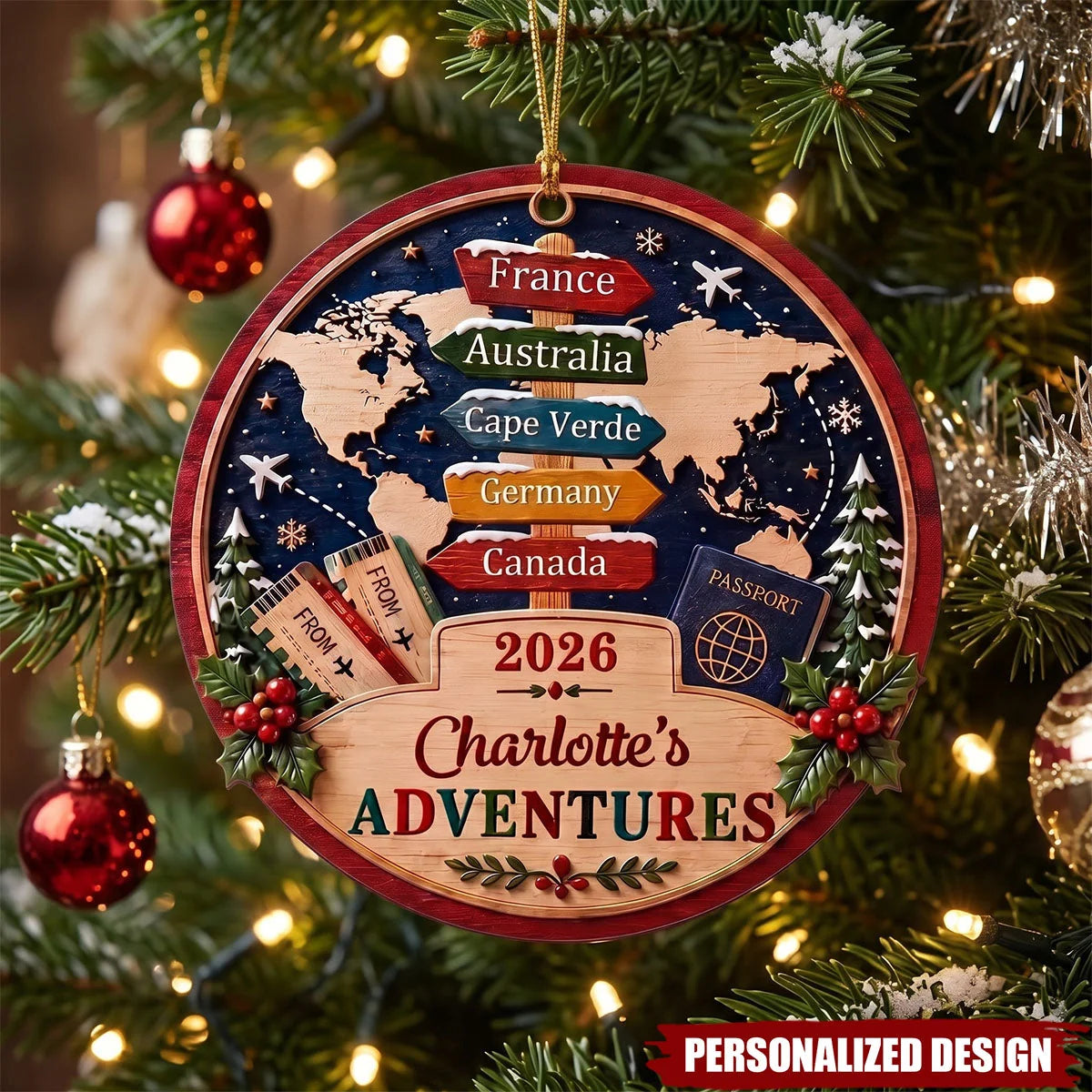 Custom Adventures Christmas Ornament - Personalized World Traveler Wooden Vacation Keepsake