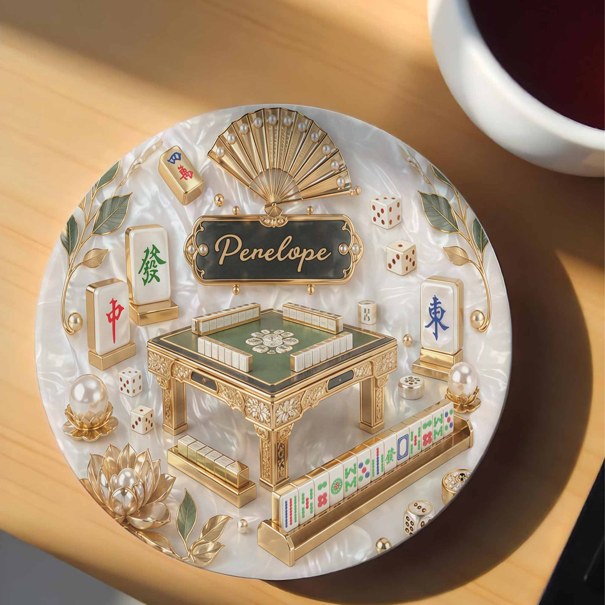 Custom Mahjong Ceramic Coaster for Mom with personalized design details for meaningful gifting