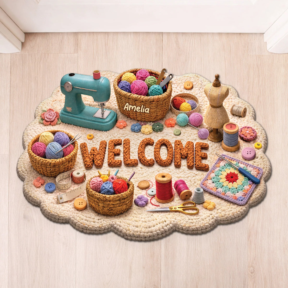 Welcome Sewing & Quilting Personalized Shaped Doormat - Custom Craft Gift for Mom Grandma