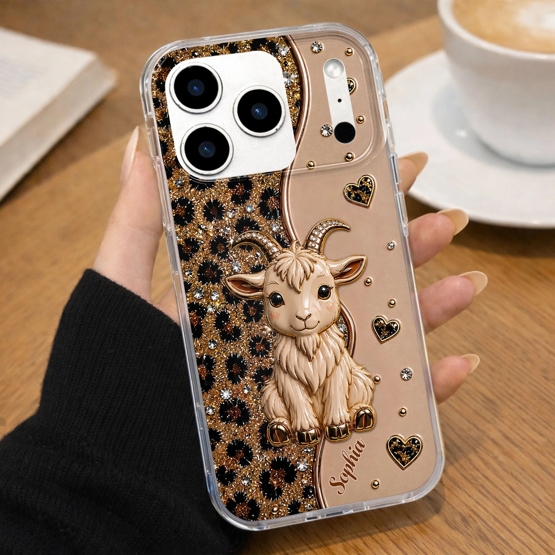 Personalized clear goat phone case with glitter leopard print and custom name for iPhone and Samsung image 9