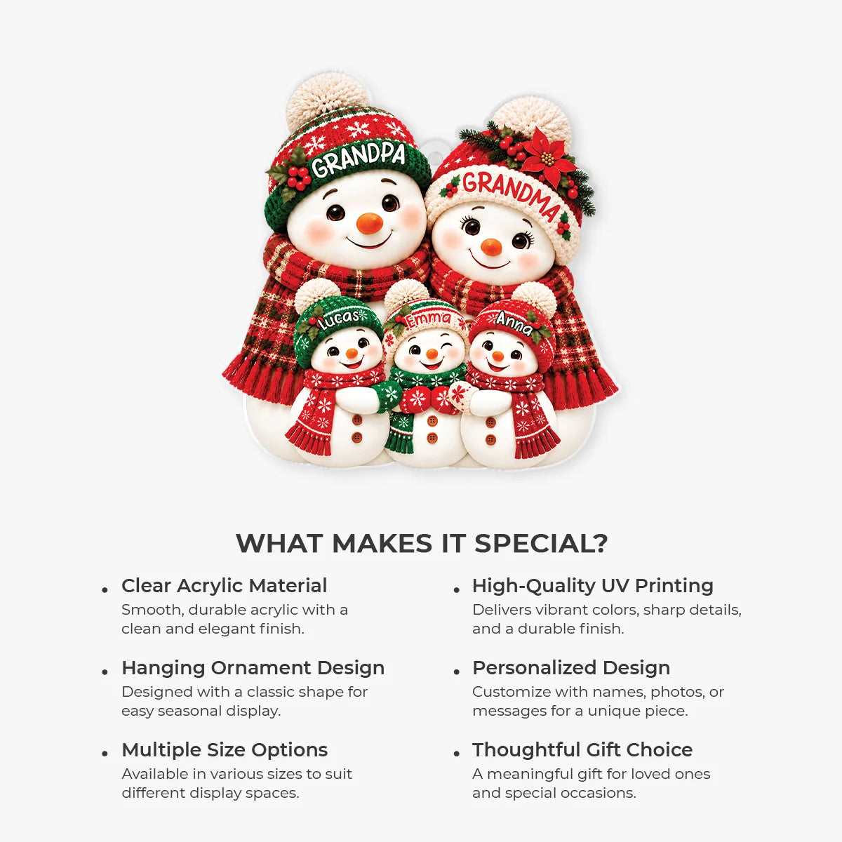 Personalized Snowman Family Acrylic Ornament - Custom Keepsake Christmas Tree Decor