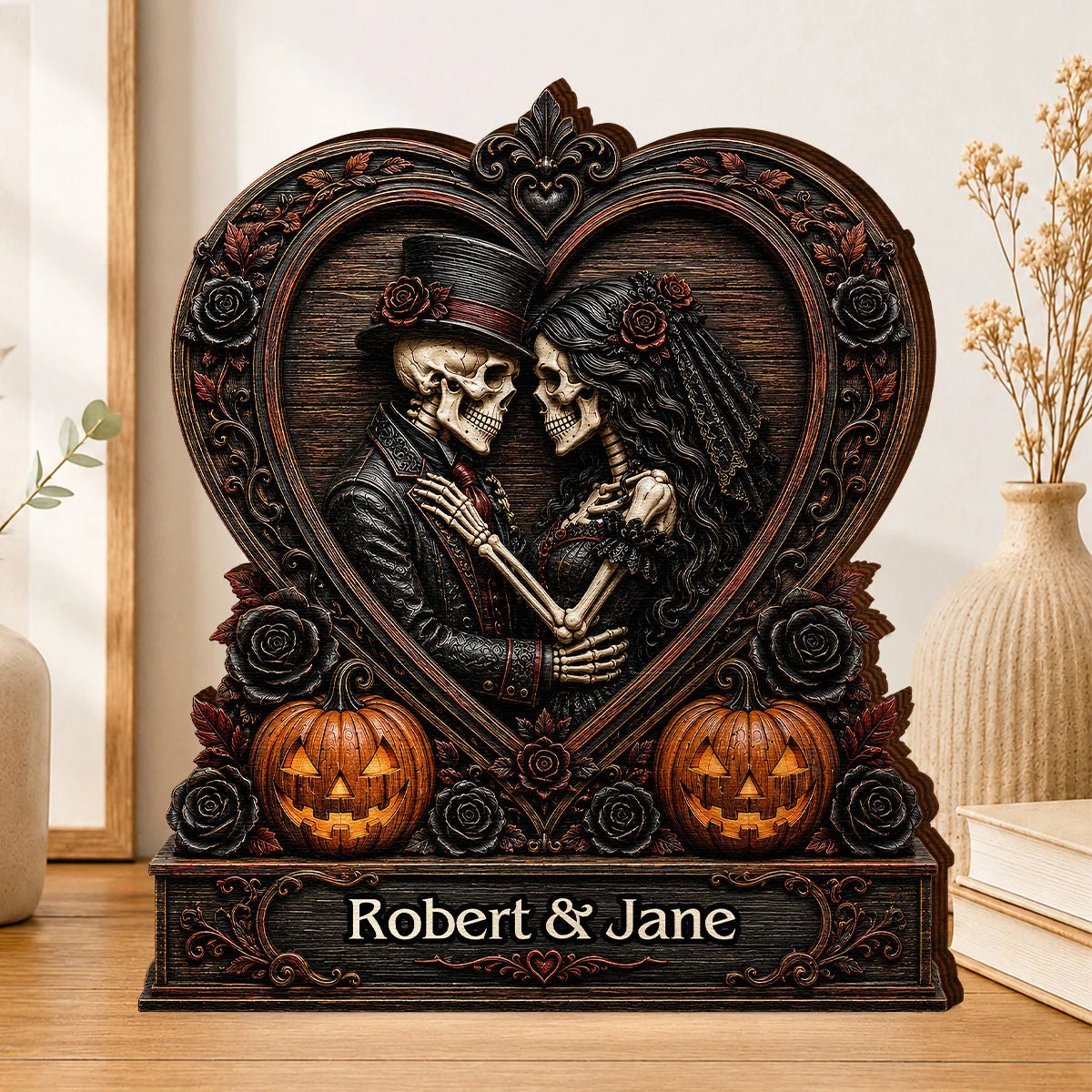 Personalized skeleton couple plaque with custom names for Halloween wedding gift