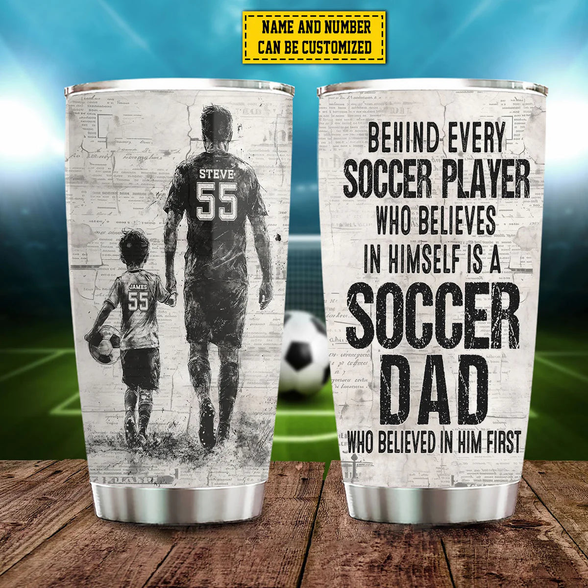 Personalized soccer dad tumbler with custom names and jersey numbers - unique 20oz Father's Day gift