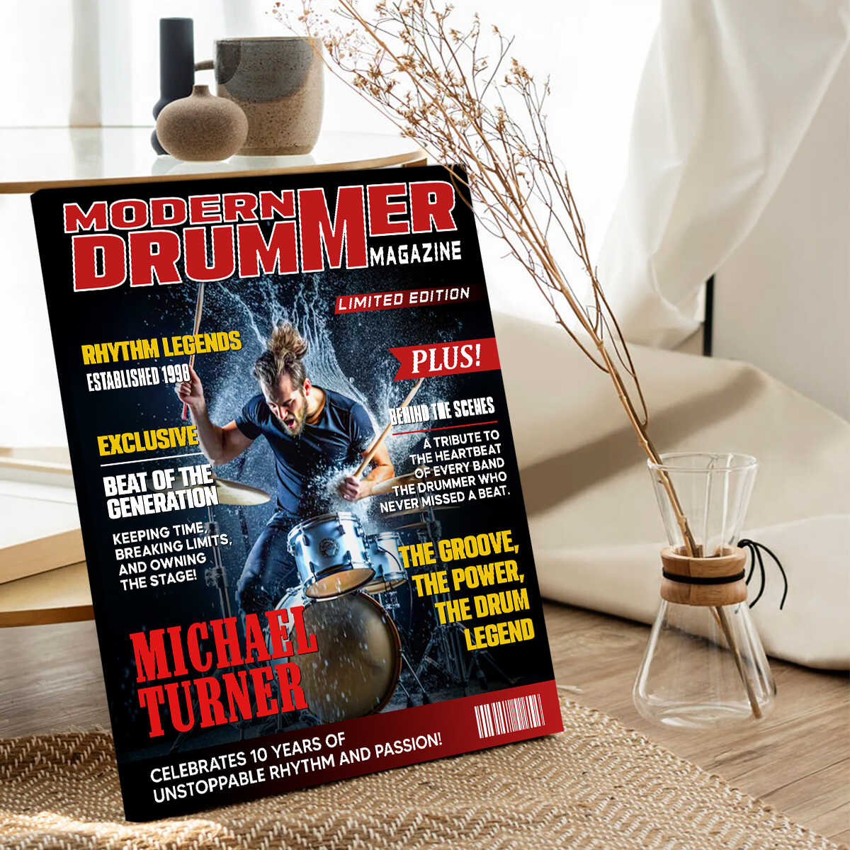 Personalized Modern Drummer magazine cover canvas print featuring a drummer rocking out on stage image 6