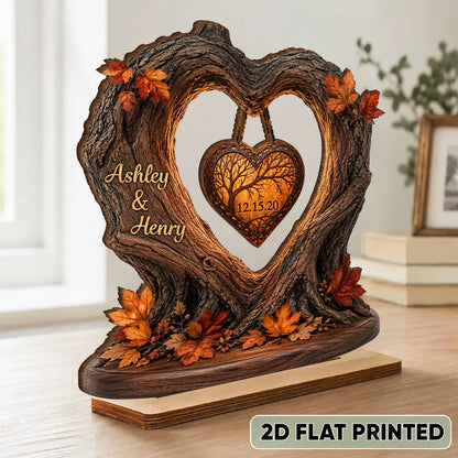 Custom Couple Heart Tree Wooden Plaque - Personalized Fall Season Anniversary Gift