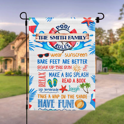 Custom Pool Rules Garden Flag for Family with personalized design details for meaningful gifting