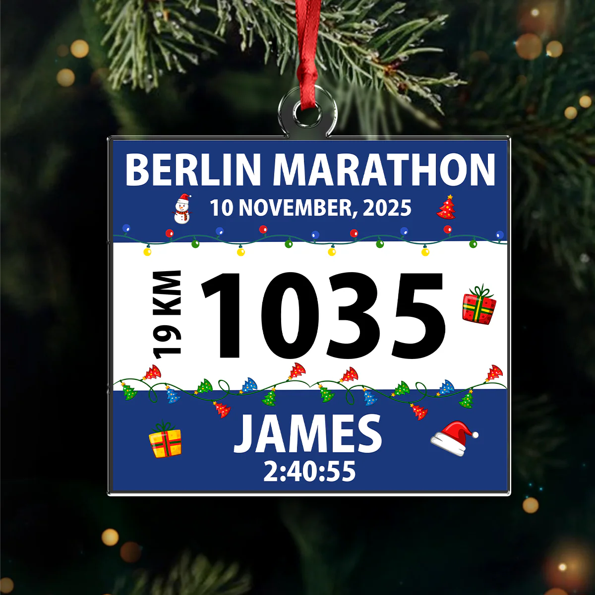 Acrylic Ornament material and size view - Custom Marathon Race Bib Ornament