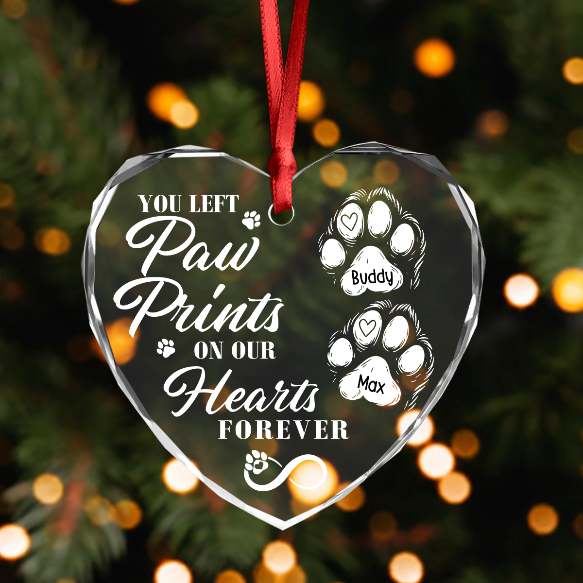 "You Left Paw Prints On Our Hearts Forever" Personalized Glass Ornament - Custom Pet Memorial Keepsake for Dog Lovers