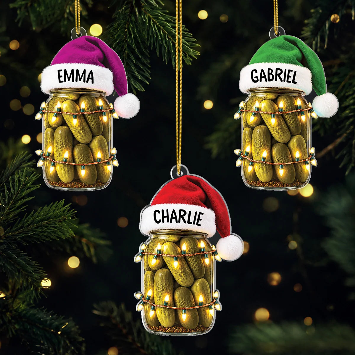 Custom Name Santa Hat Pickle Jar Acrylic Ornament - Fun Personalized Christmas Tree Gift