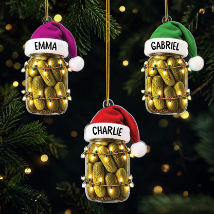 Custom Name Santa Hat Pickle Jar Acrylic Ornament - Fun Personalized Christmas Tree Gift