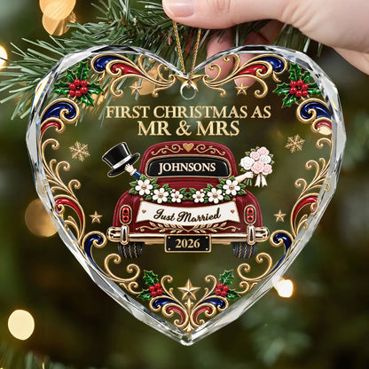 "First Christmas As Mr & Mrs" Personalized Glass Heart Ornament - Custom Wedding Keepsake Gift