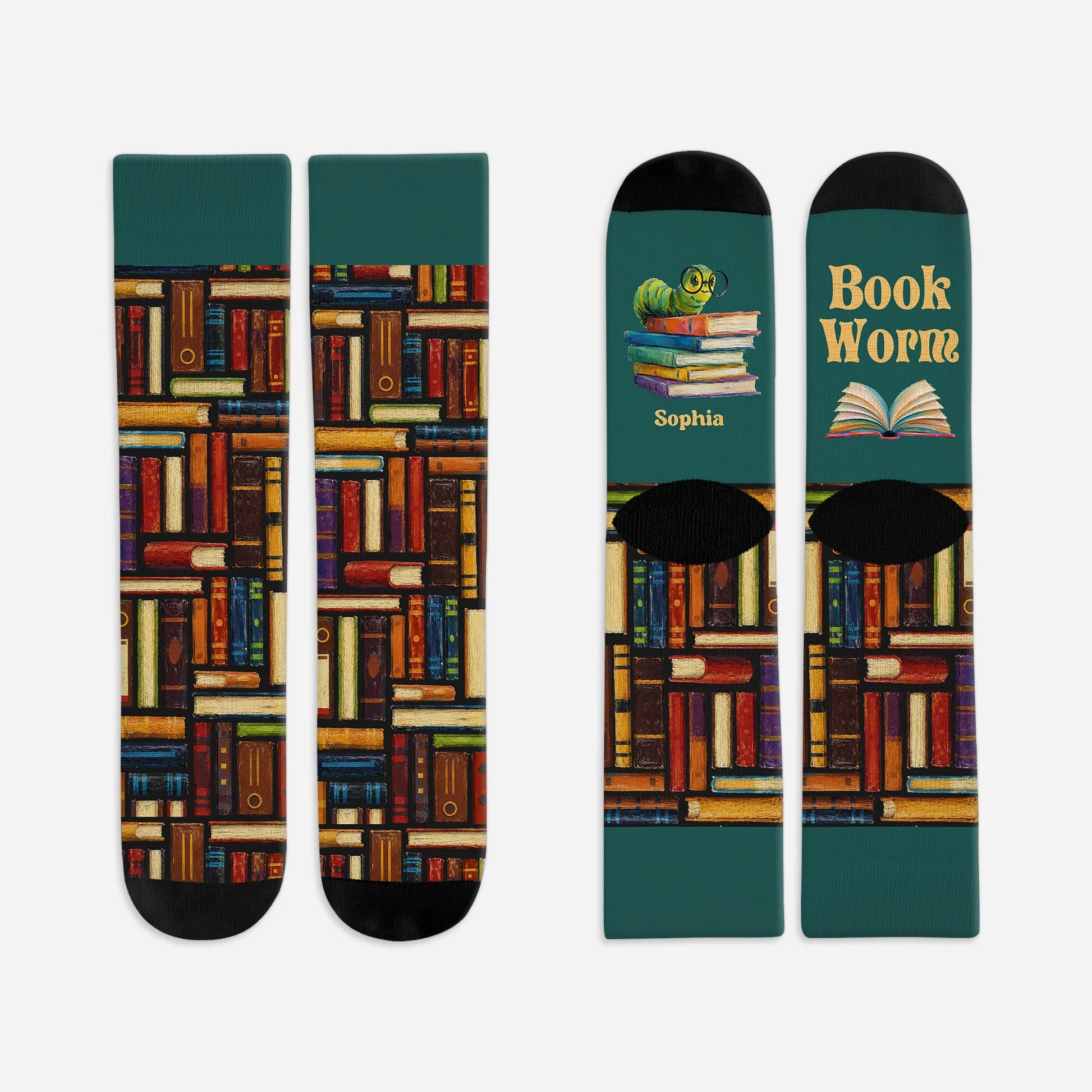 Personalized book worm socks featuring stacked books graphic and custom name for book lovers
