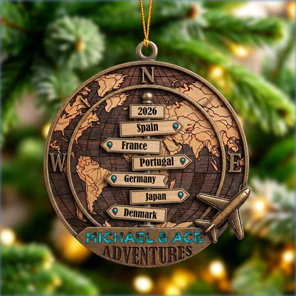 Personalized Travel Wooden Ornament - Custom World Map Keepsake