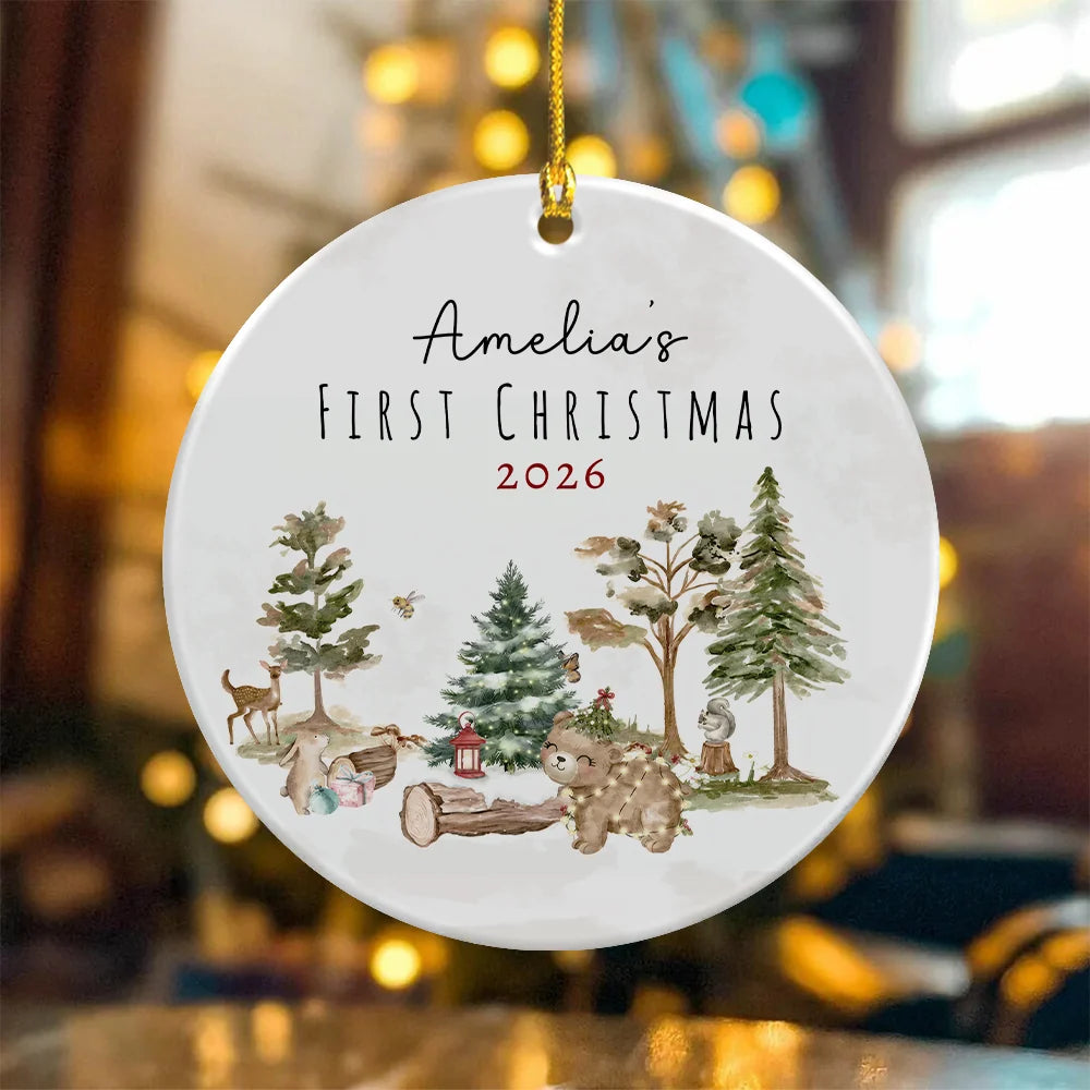 "Baby's First Christmas" Custom Photo Ceramic Ornament - Personalized Holiday Woodland Keepsake for New Parents