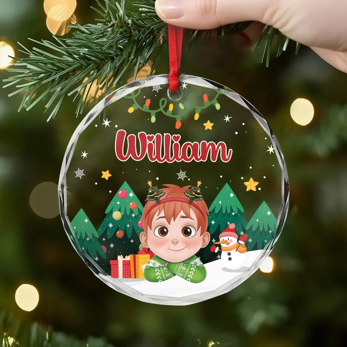 Custom Name Glass Christmas Ornament - Kids Personalized Cute Cartoon Holiday Gift