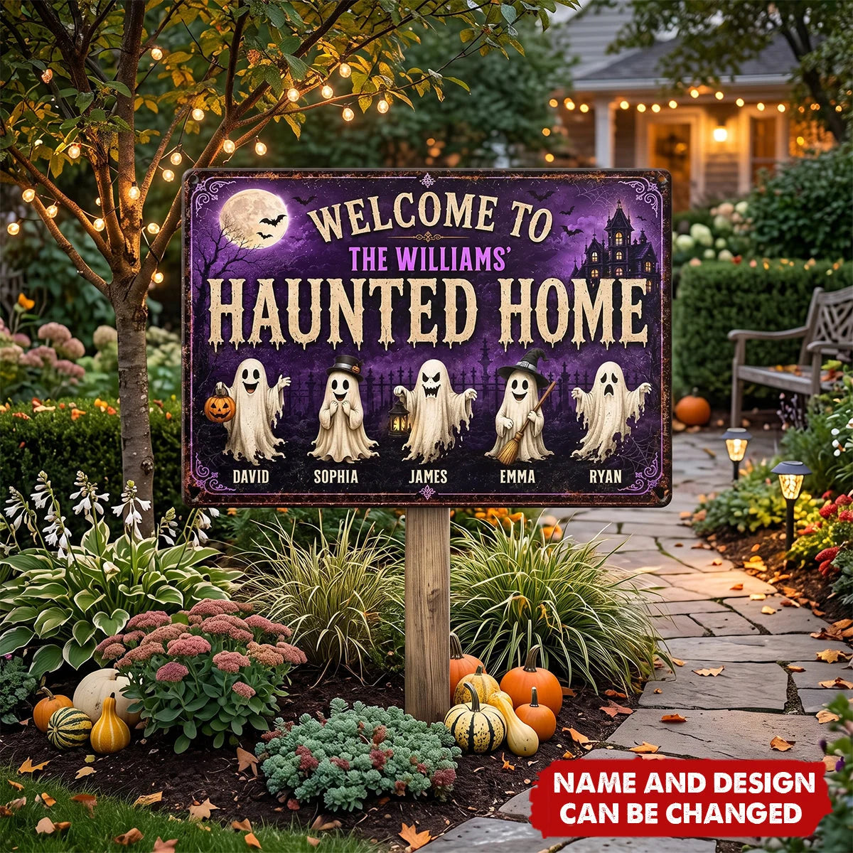 Welcome To Our Haunted Home Custom Ghost Family Metal Sign - Personalized Halloween Decor Gift