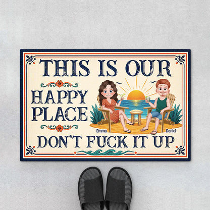 Personalized couples doormat with funny quote This Is Our Happy Place custom beach design