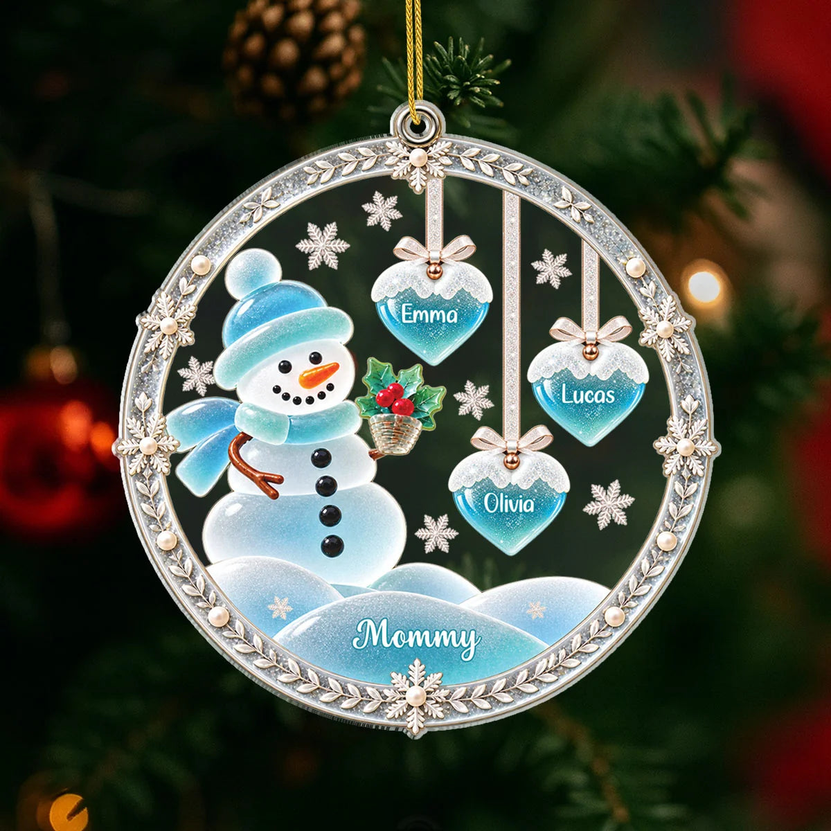 Snowman Family Personalized Acrylic Ornament - Grandma Mom Custom Christmas Gift