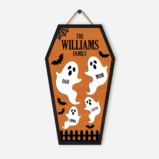 Personalized Ghost Family Coffin Wood Sign - Custom Halloween Wall Decor Gift for Family