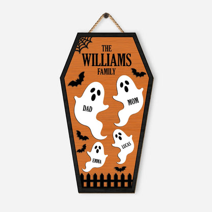 Personalized Ghost Family Coffin Wood Sign - Custom Halloween Wall Decor Gift for Family