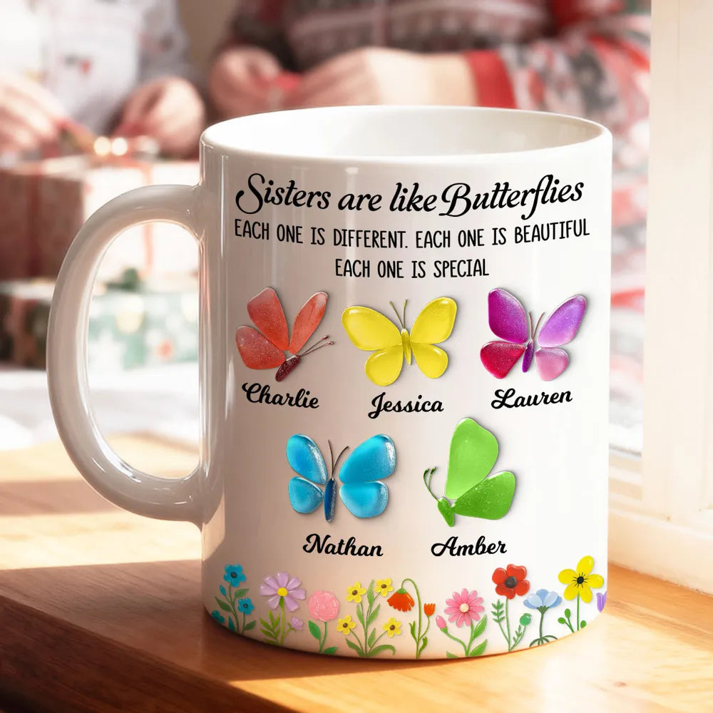 Sisters Are Like Butterflies – Personalized Ceramic Mug for Sister, Custom 3D Sea Glass Gift for Siblings