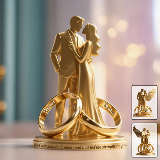 Personalized couple shaped acrylic plaque with wedding rings and God Blessed the Broken Road quote gift