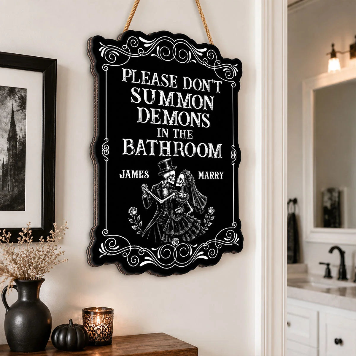 Please Don't Summon Demons In The Bathroom - Personalized Gothic Skeleton Couple Wood Sign for Halloween Decor