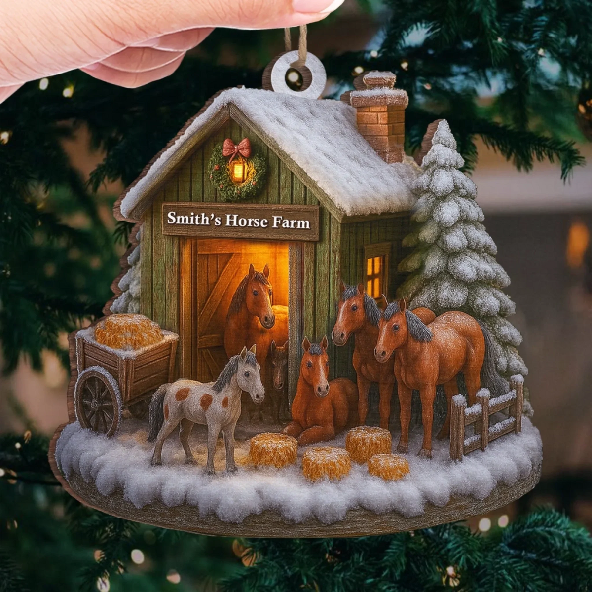 Christmas At The Horse Farm Personalized Wood Ornament - Family Holiday Keepsake Gift