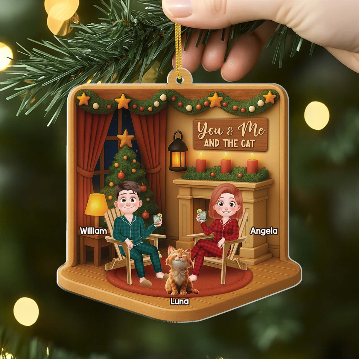 You & Me And The Cat Personalized Acrylic Ornament for Couples - Custom Cat Lover Christmas Gift