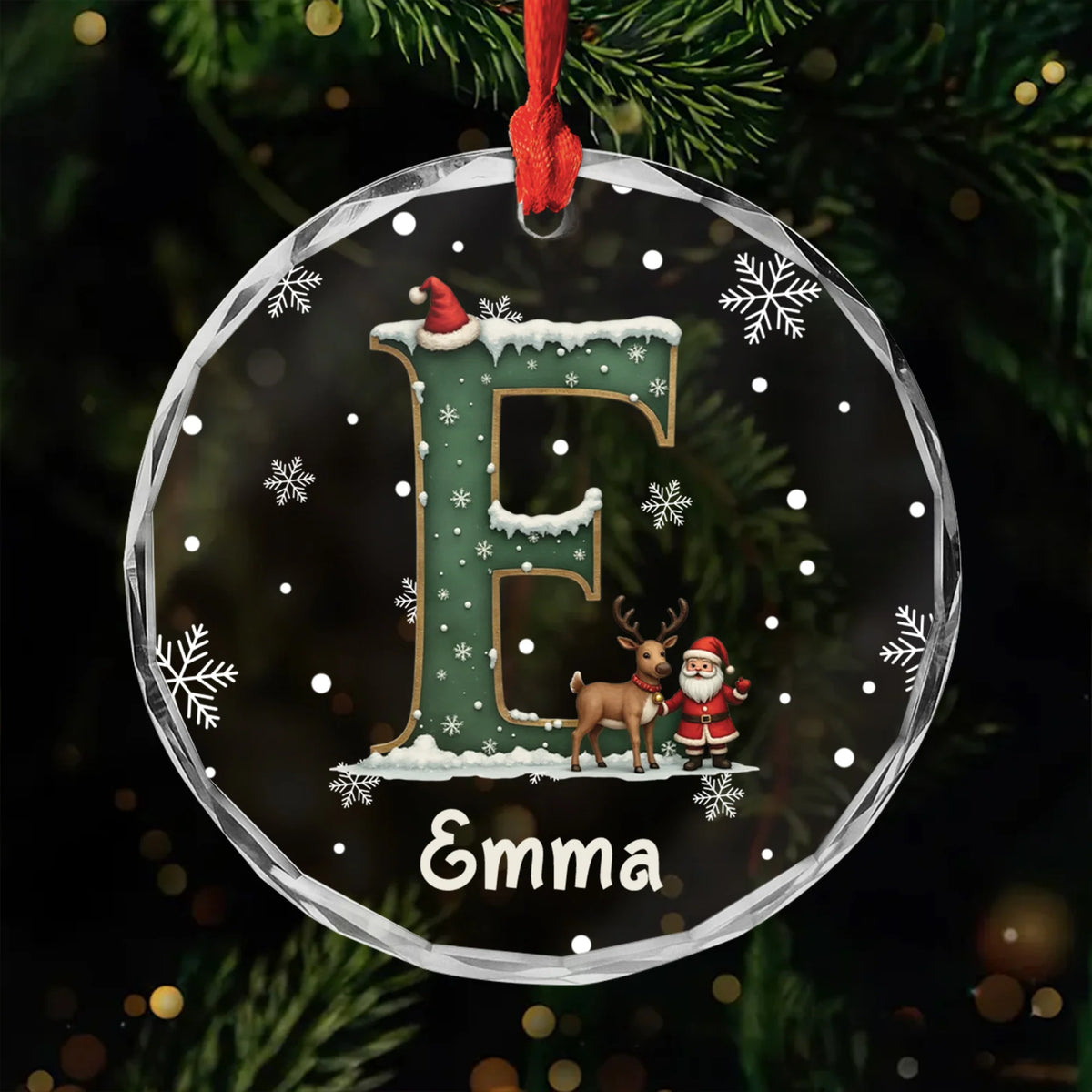 Custom Santa & Reindeer Initial Name Glass Ornament - Personalized Christmas Tree Keepsake for Family