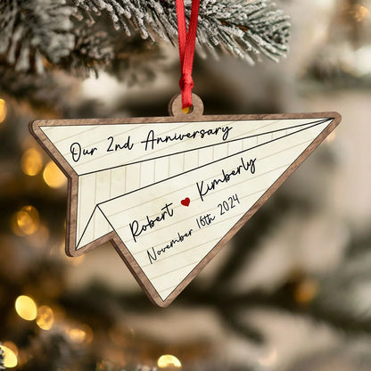"Our Anniversary" Personalized Paper Airplane Wooden Ornament - Custom Couples Gift