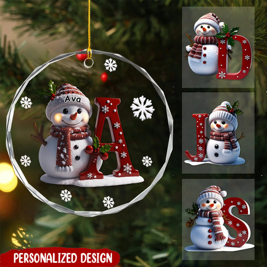 Personalized Snowman Initial Letter Christmas Glass Ornament - Custom Name Holiday Gift for Kids & Family