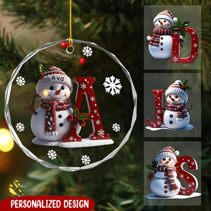 Personalized Snowman Initial Letter Christmas Glass Ornament - Custom Name Holiday Gift for Kids & Family