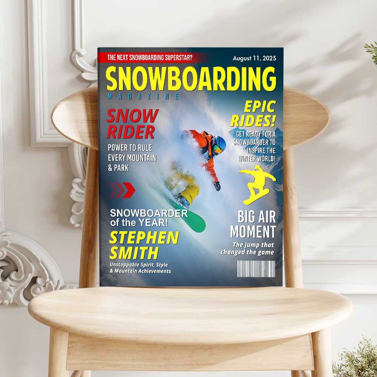 Custom snowboarding magazine cover canvas print featuring a snowboarder carving through fresh snow powder image 7