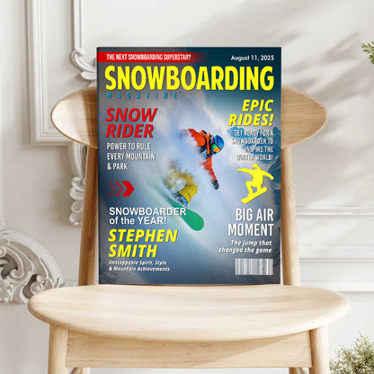 Custom snowboarding magazine cover canvas print featuring a snowboarder carving through fresh snow powder image 7