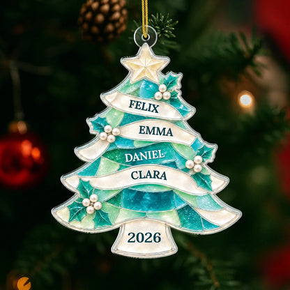 Stained Glass Tree Ornament Personalized Family Christmas Keepsake - Custom Names Holiday Gift for Family