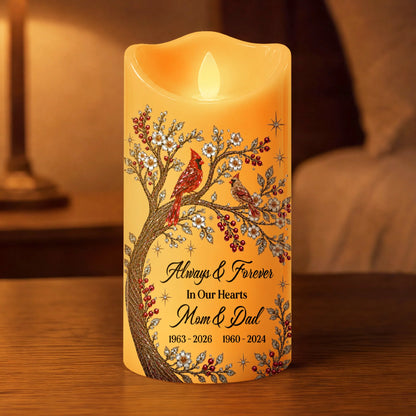 Always & Forever In Our Hearts Personalized LED Candle - Custom Cardinal Memorial Keepsake Gift for Family