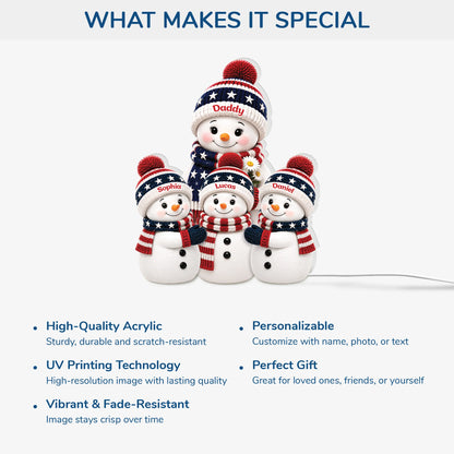 Personalized Snowman Family Acrylic Light Box - Custom Patriotic Gift for Grandma & Mom