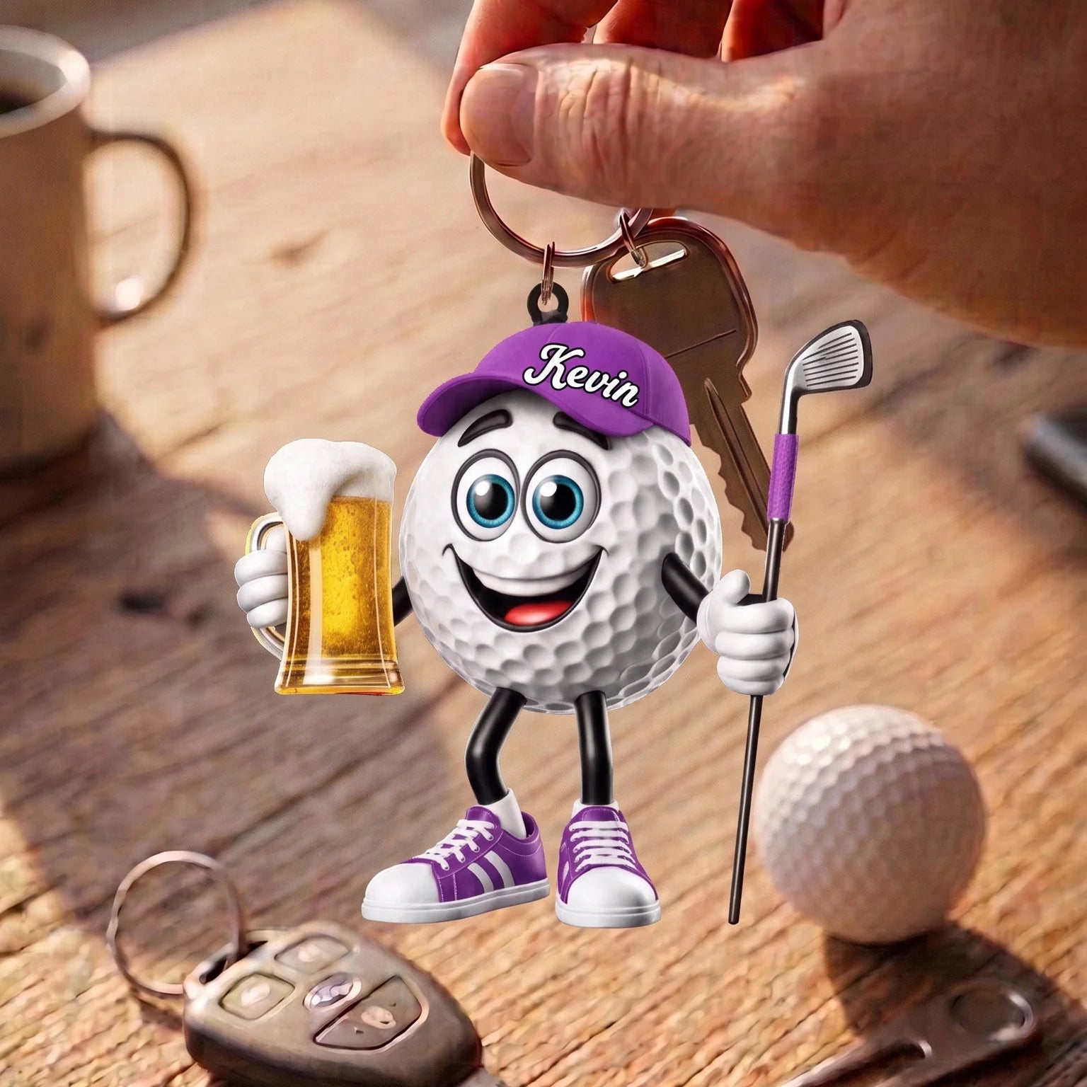 Toasting Golf Mascot Keychain - Personalized Funny Beer Golf Gift for Golfers