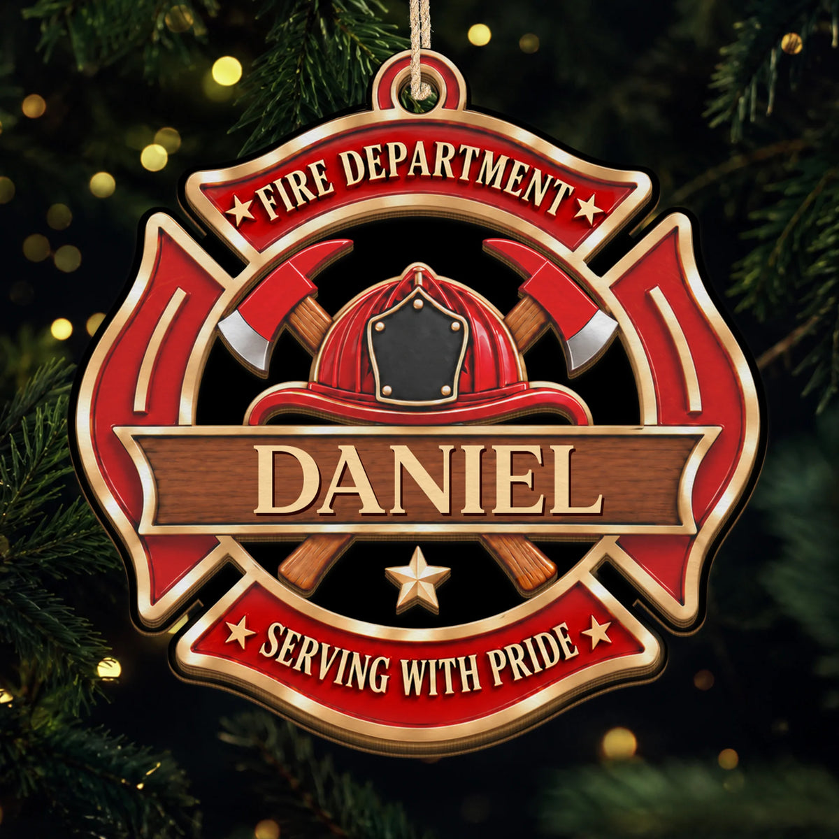 Serving With Pride Personalized Firefighter Wooden Ornament - Custom Fire Department Christmas Keepsake for Dad Husband
