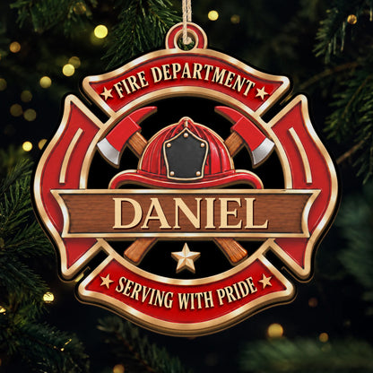 Serving With Pride Personalized Firefighter Wooden Ornament - Custom Fire Department Christmas Keepsake for Dad Husband