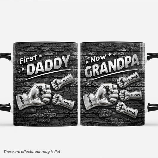 Personalized grandpa fist bump mug with custom names on a black brick background