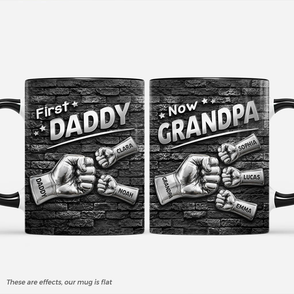 Personalized grandpa fist bump mug with custom names on a black brick background