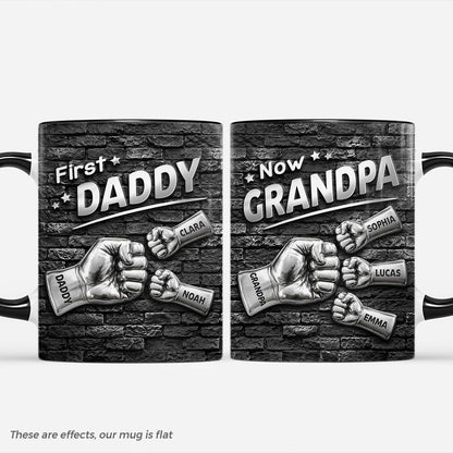 Personalized grandpa fist bump mug with custom names on a black brick background