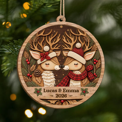 Kissing Reindeer Personalized Christmas Wood Ornament - Custom Couples 2-Layer Keepsake Gift